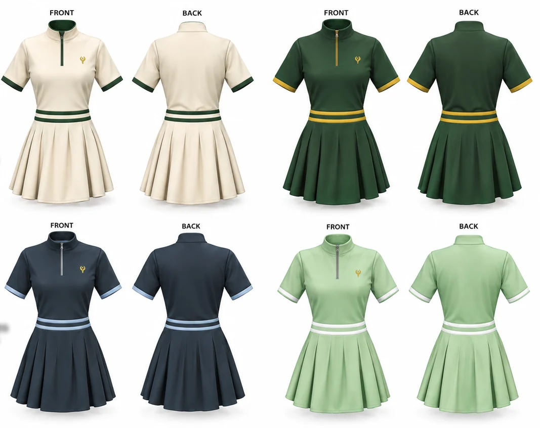 3D presentation render showing four golf skater dress colourways from front and back