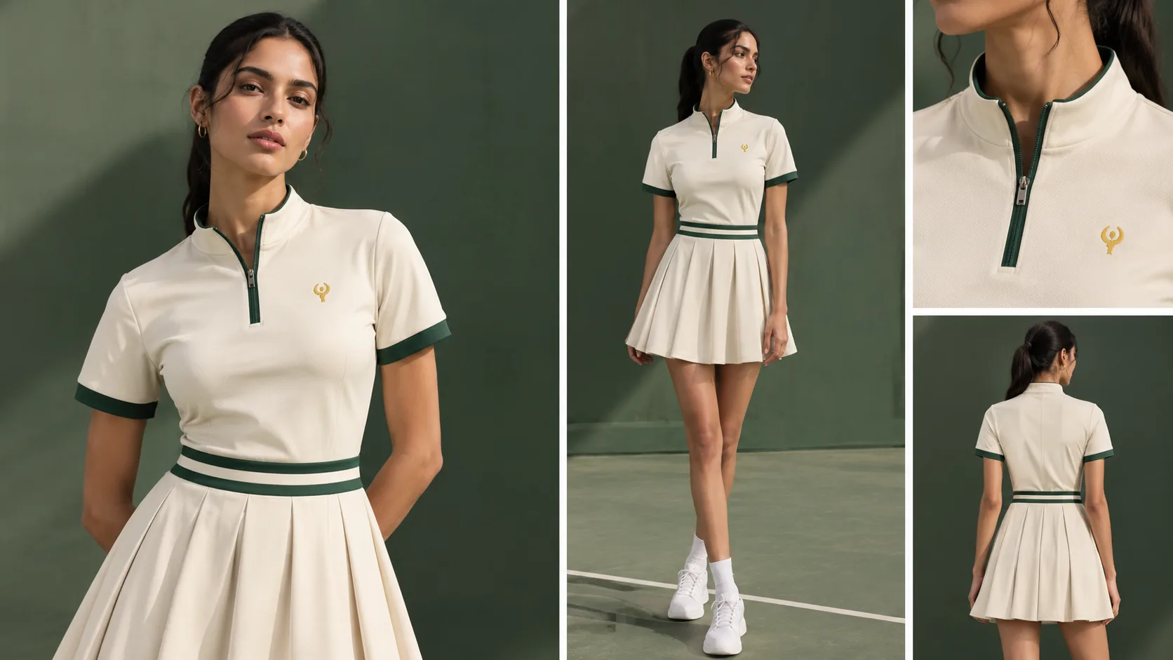Cream golf skater dress shown in editorial model views