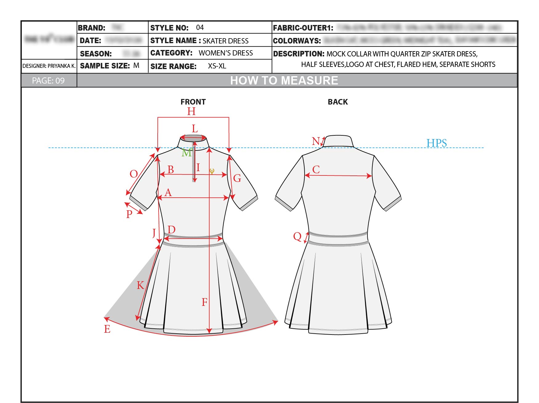 Golf skater dress measurement guide document showing points of measure with annotations for fit review