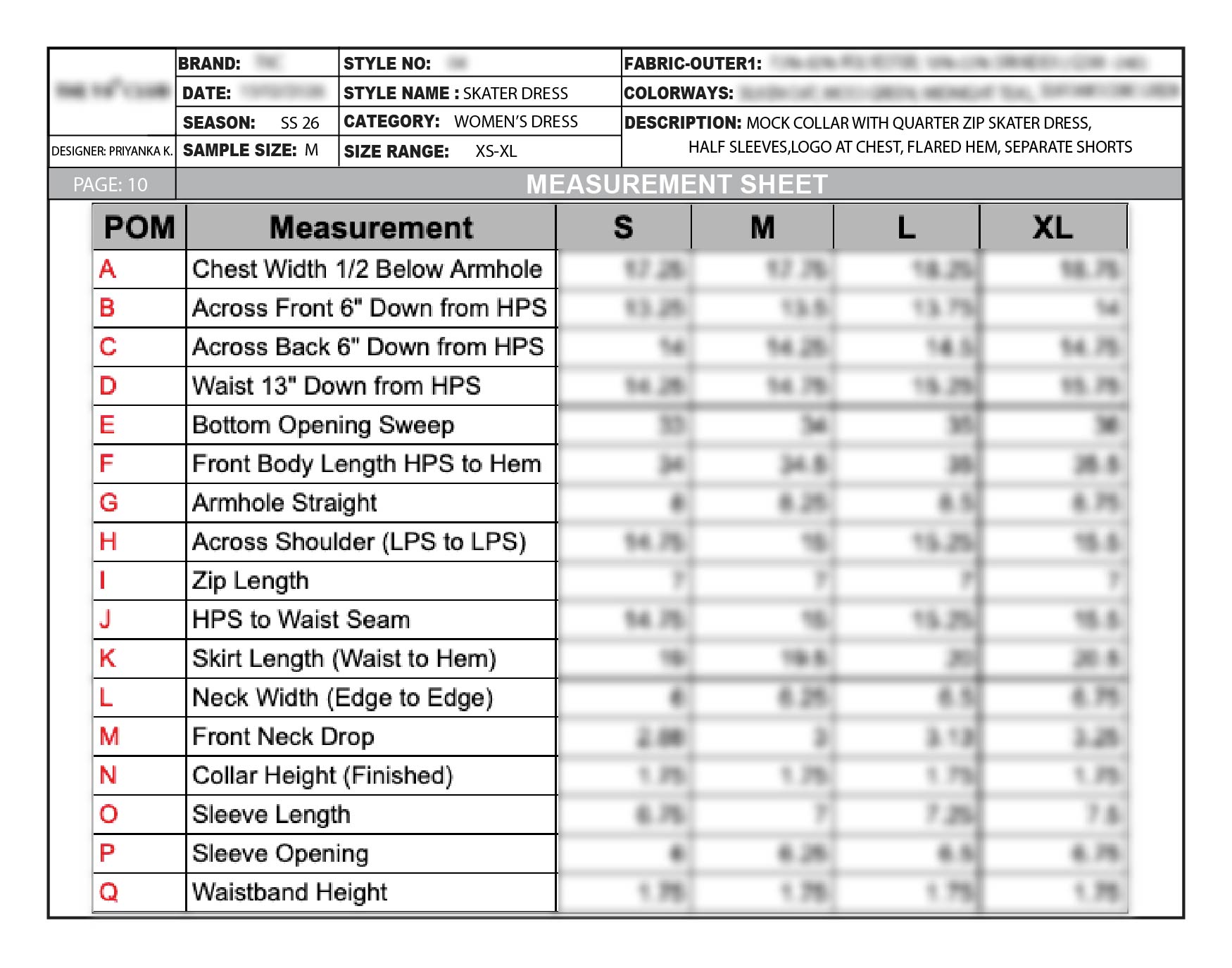 NDA-protected measurement sheet for the golf skater dress