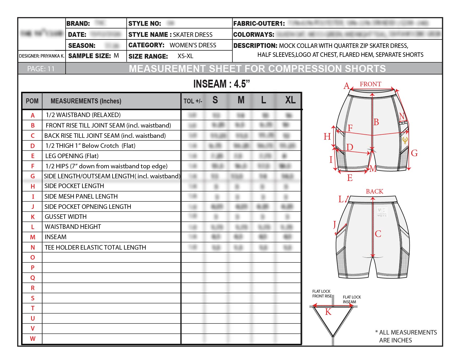 NDA-protected measurement sheet for the compression shorts