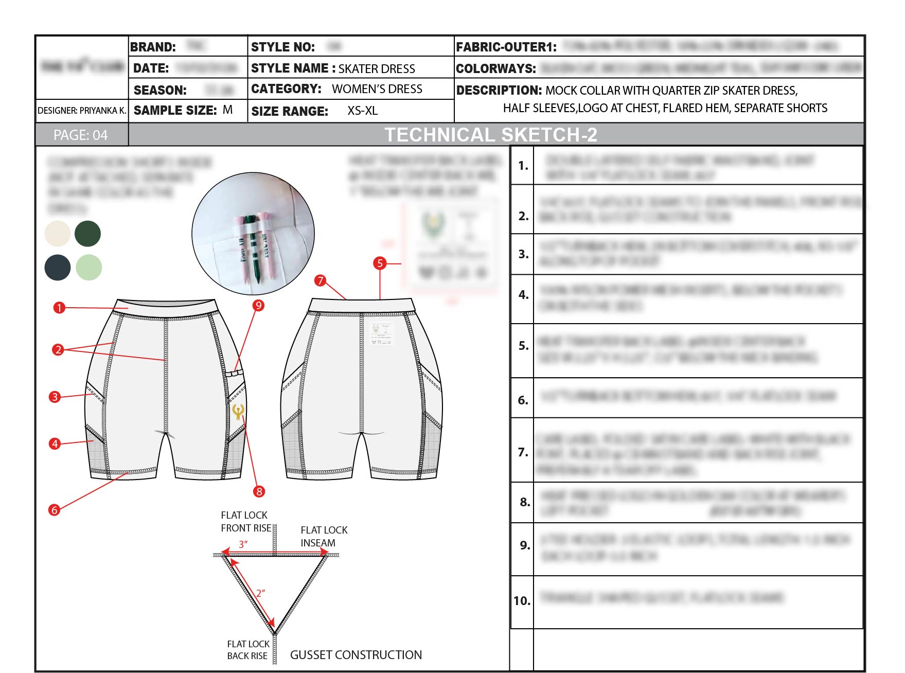 Technical construction sketch for the separate compression shorts