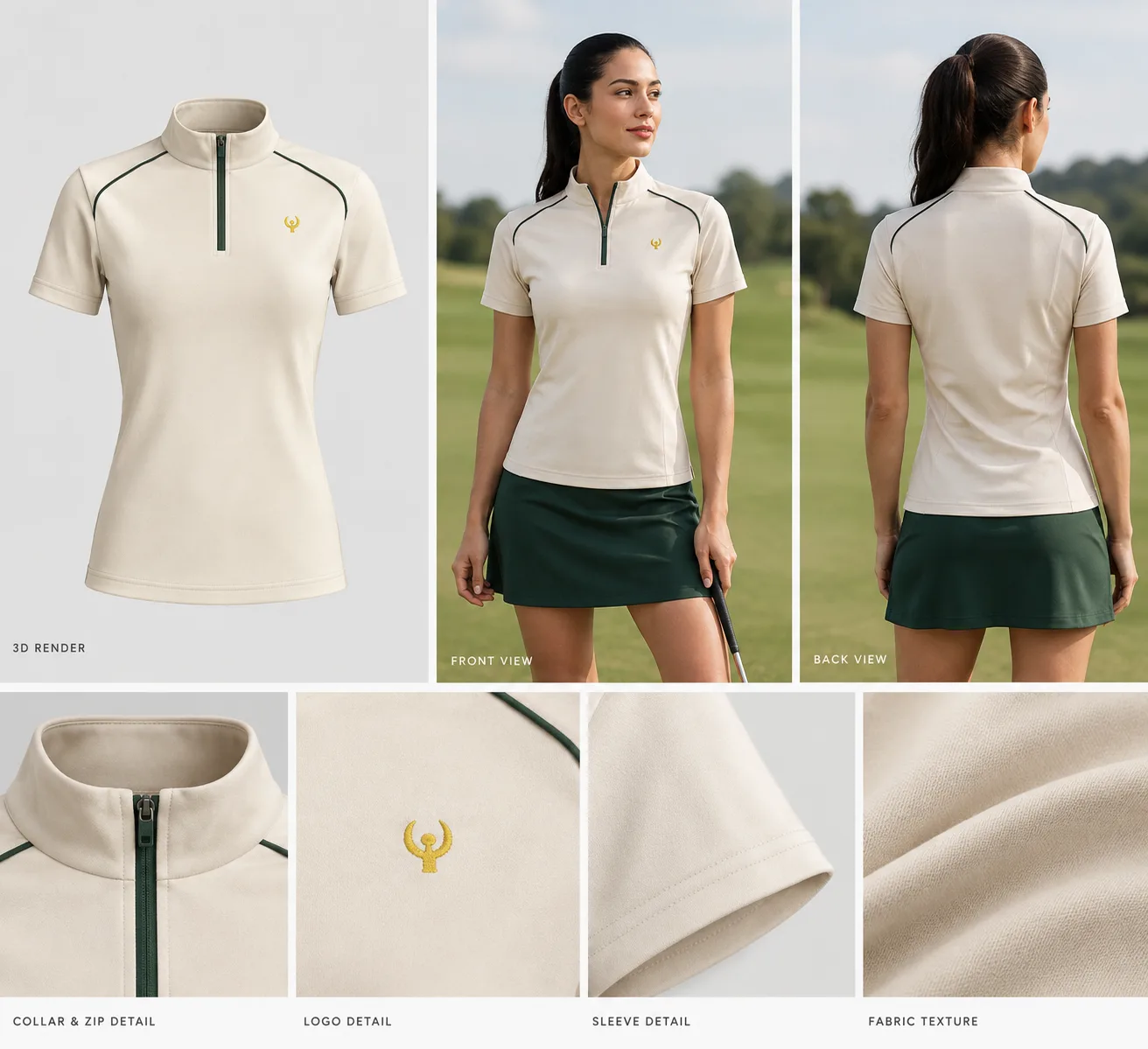 Cream golf polo shown as a 3D render, front and back model views, and construction details
