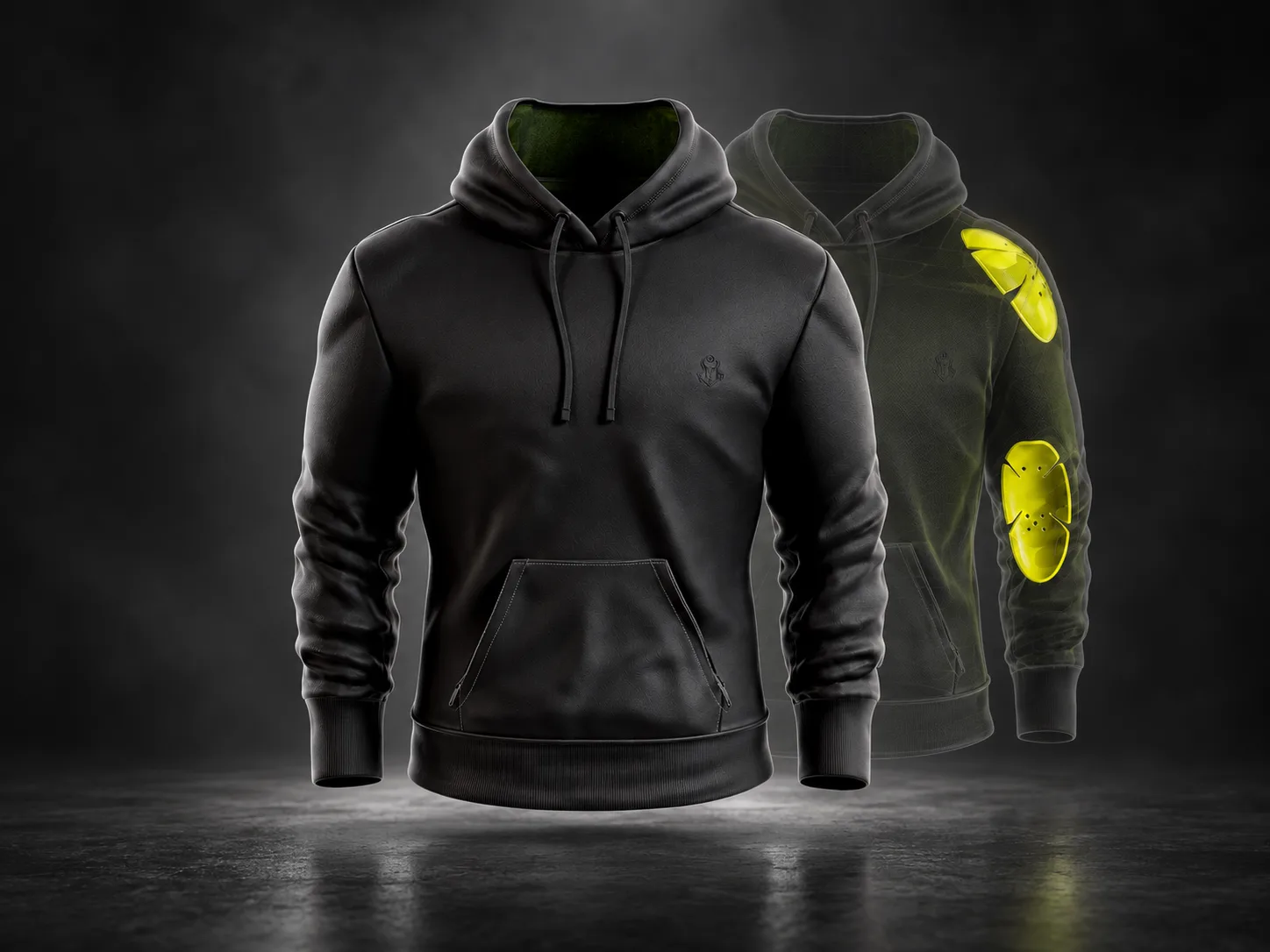 Black motorcycle hoodie with its concealed protective armor revealed in an editorial studio image