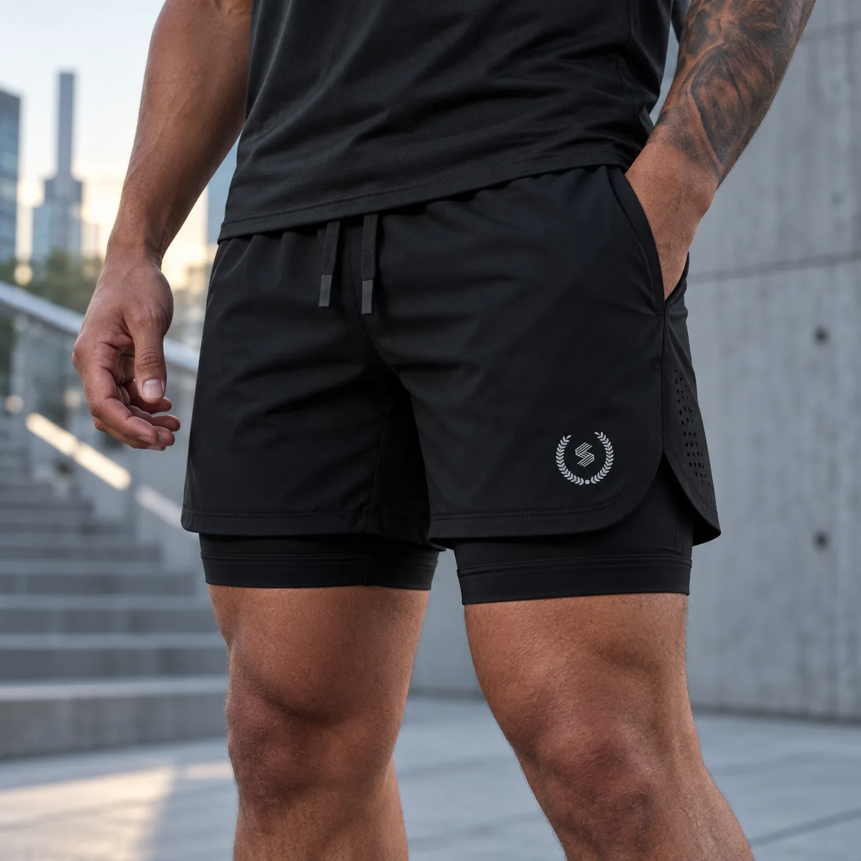 Close editorial view of an athlete wearing the black two-layer performance shorts