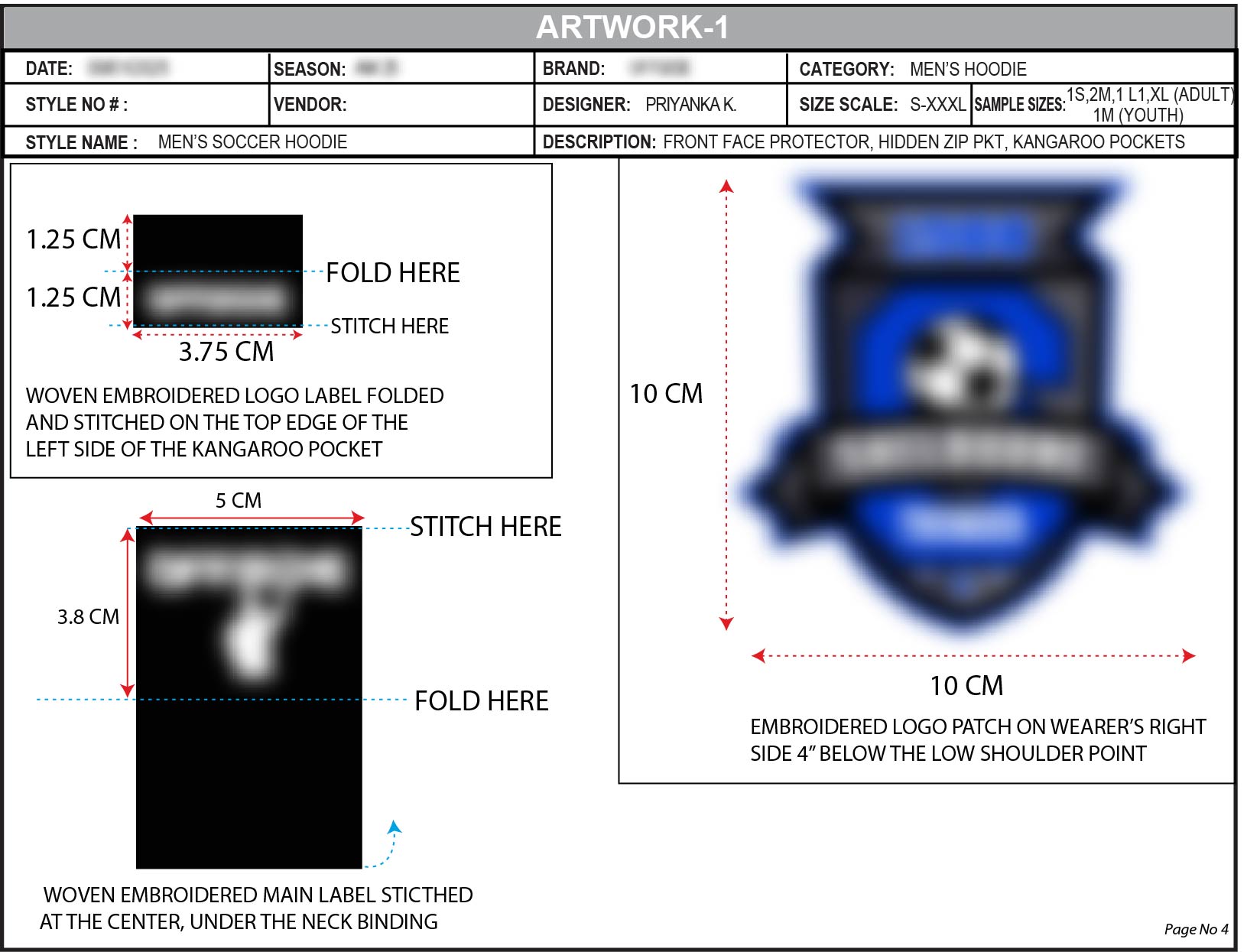 Artwork specification sheet for labels and the sleeve patch