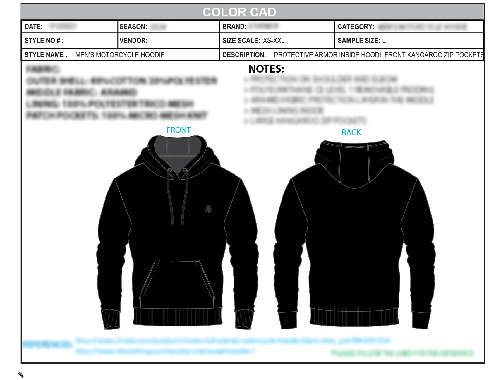 Colour CAD showing front and back views of the black motorcycle hoodie