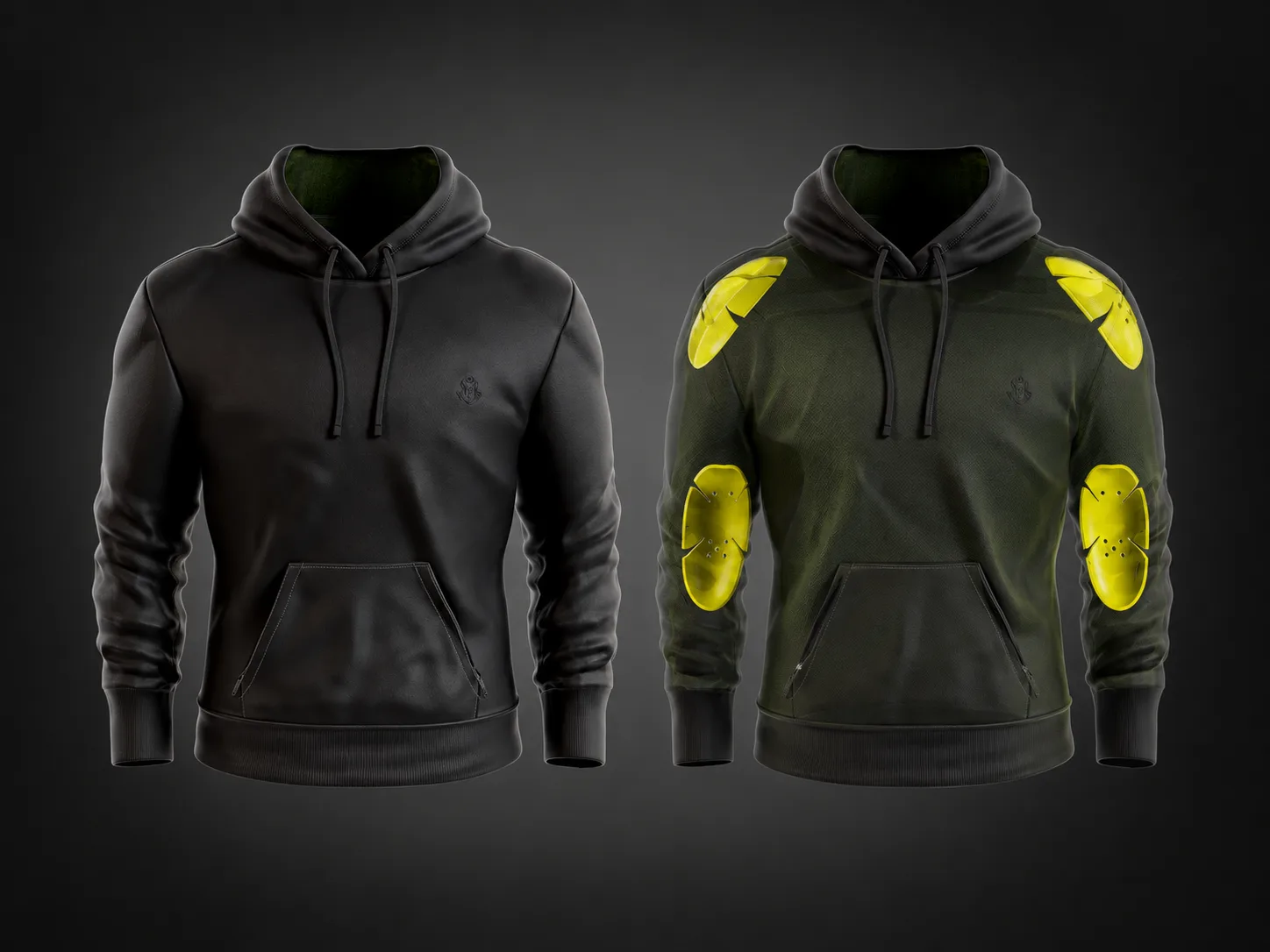 Black motorcycle hoodie beside a transparent view of its concealed armor