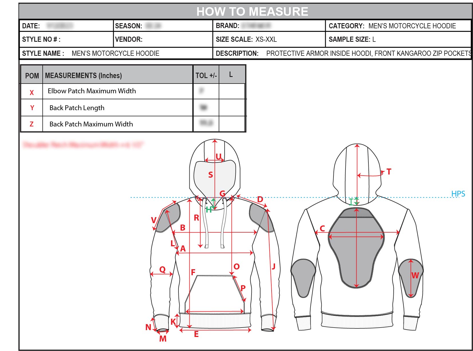 How-to-measure guide for the motorcycle hoodie and protective patch areas