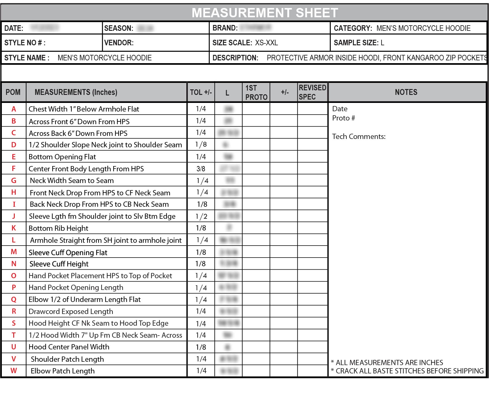 NDA-protected measurement specification sheet for the motorcycle hoodie