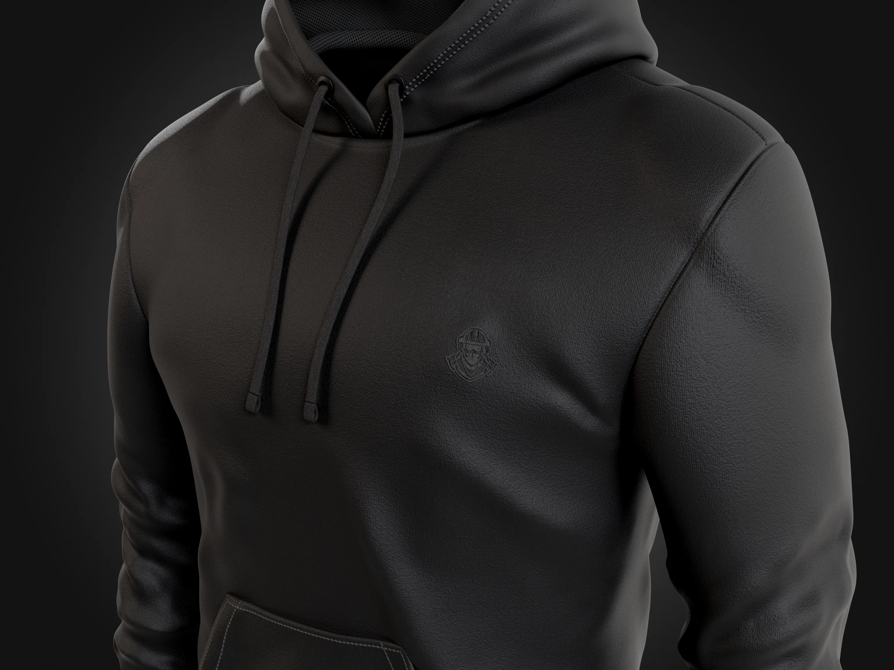 Close 3D render of the tonal chest mark, hood and drawcord detail