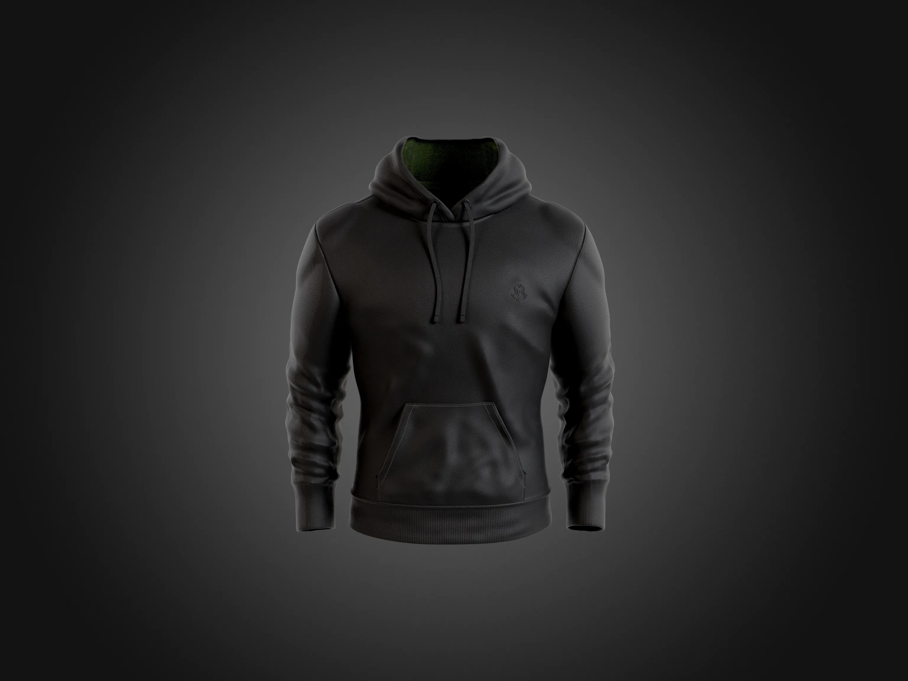 Front 3D render of the finished black motorcycle hoodie