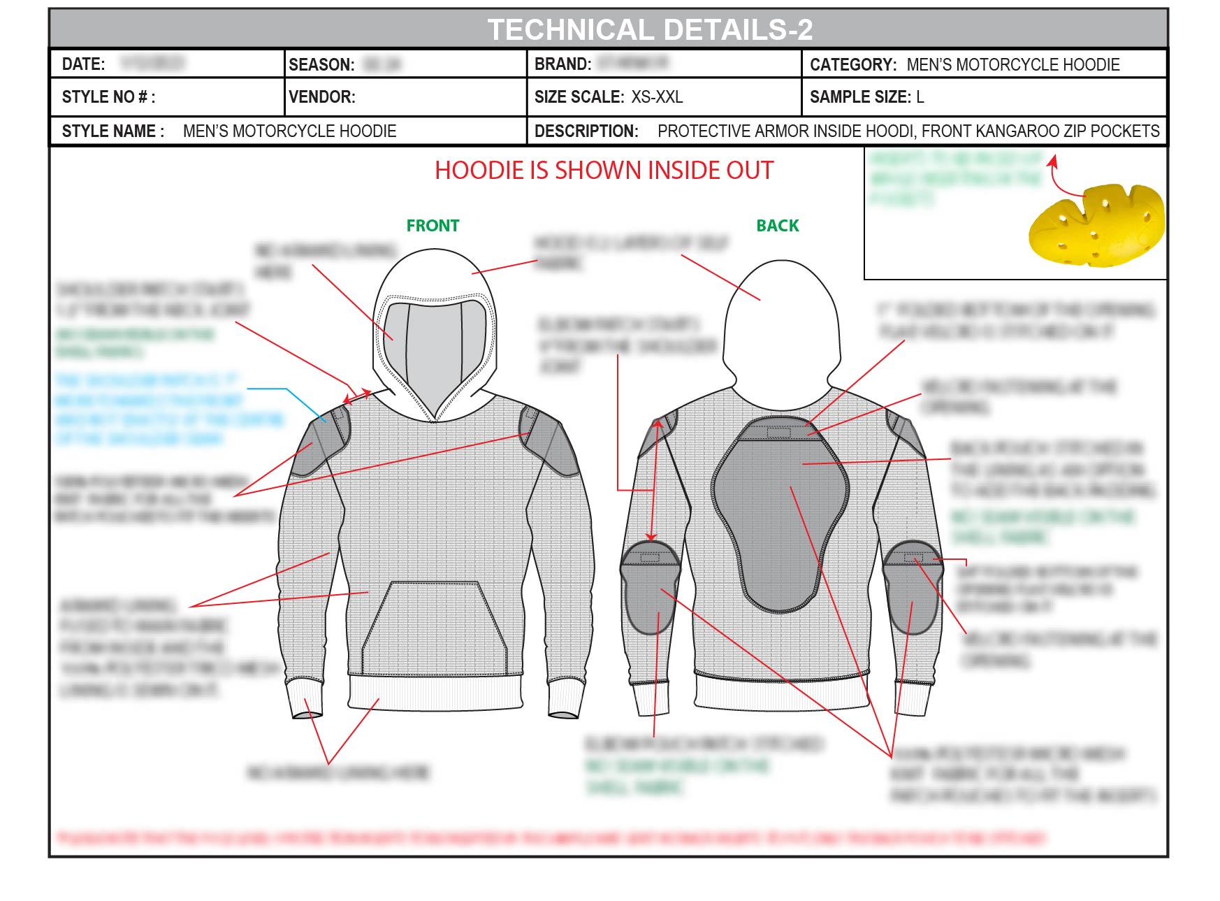 Inside-out technical sheet mapping protective inserts across the motorcycle hoodie