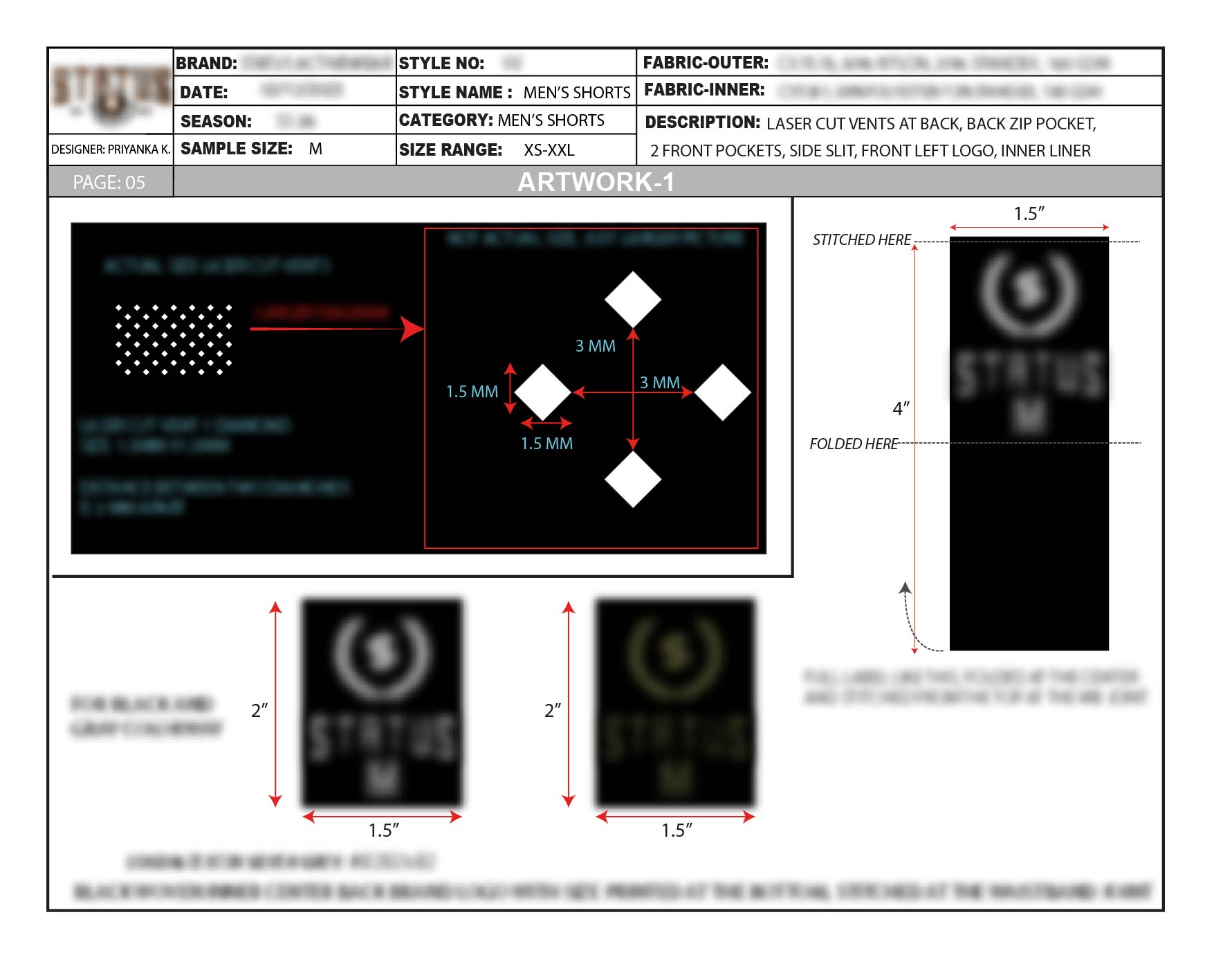 NDA-protected artwork sheet for the vent pattern and shorts label applications