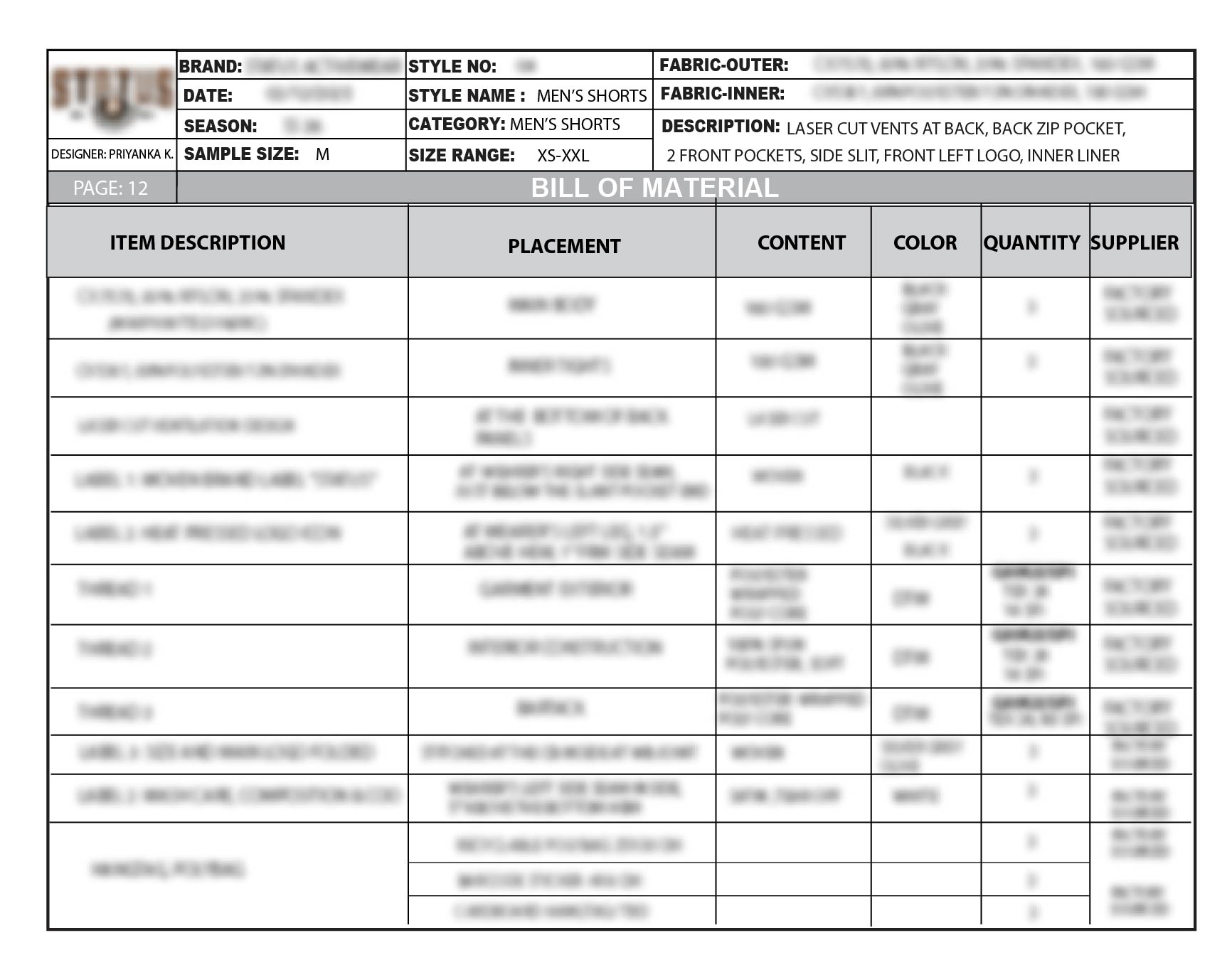 NDA-protected bill of materials for the two-layer performance shorts