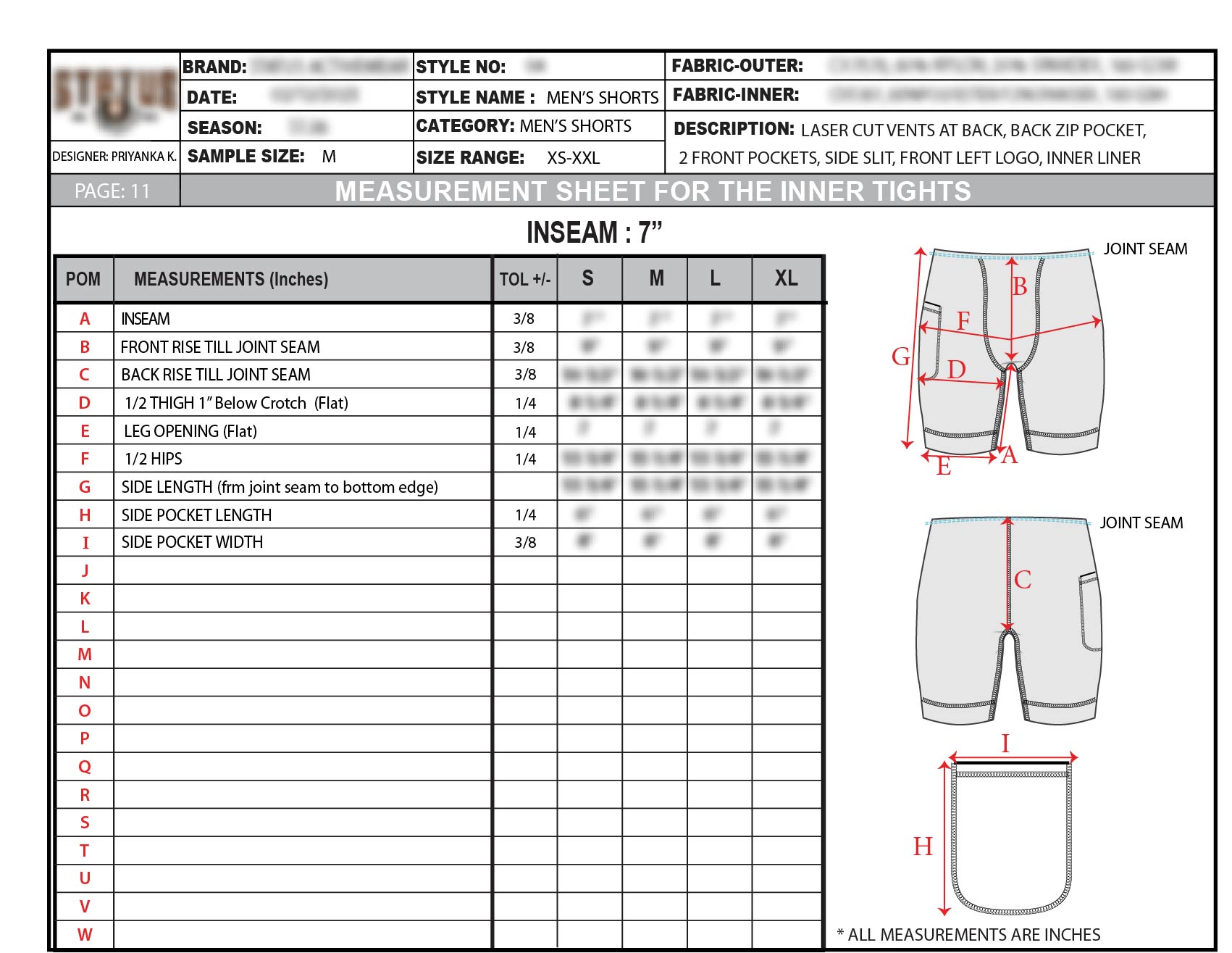 NDA-protected measurement sheet for the inner tights