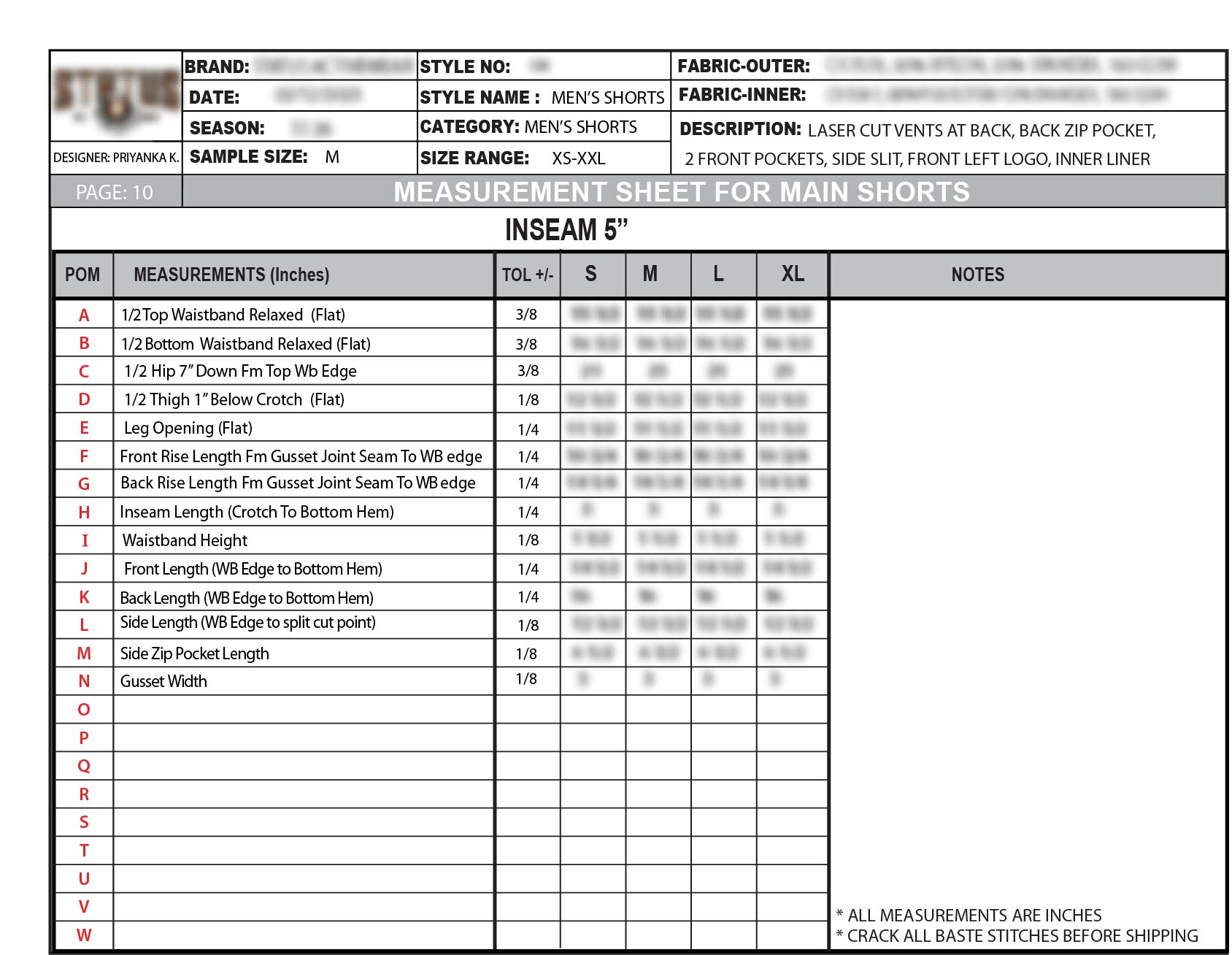 NDA-protected measurement sheet for the main outer shorts