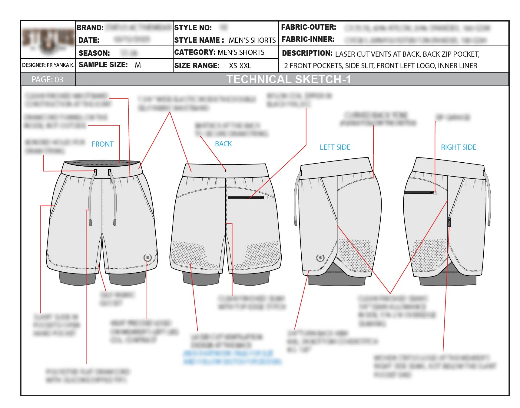 Technical sketch showing front, back and side construction views of the outer performance short
