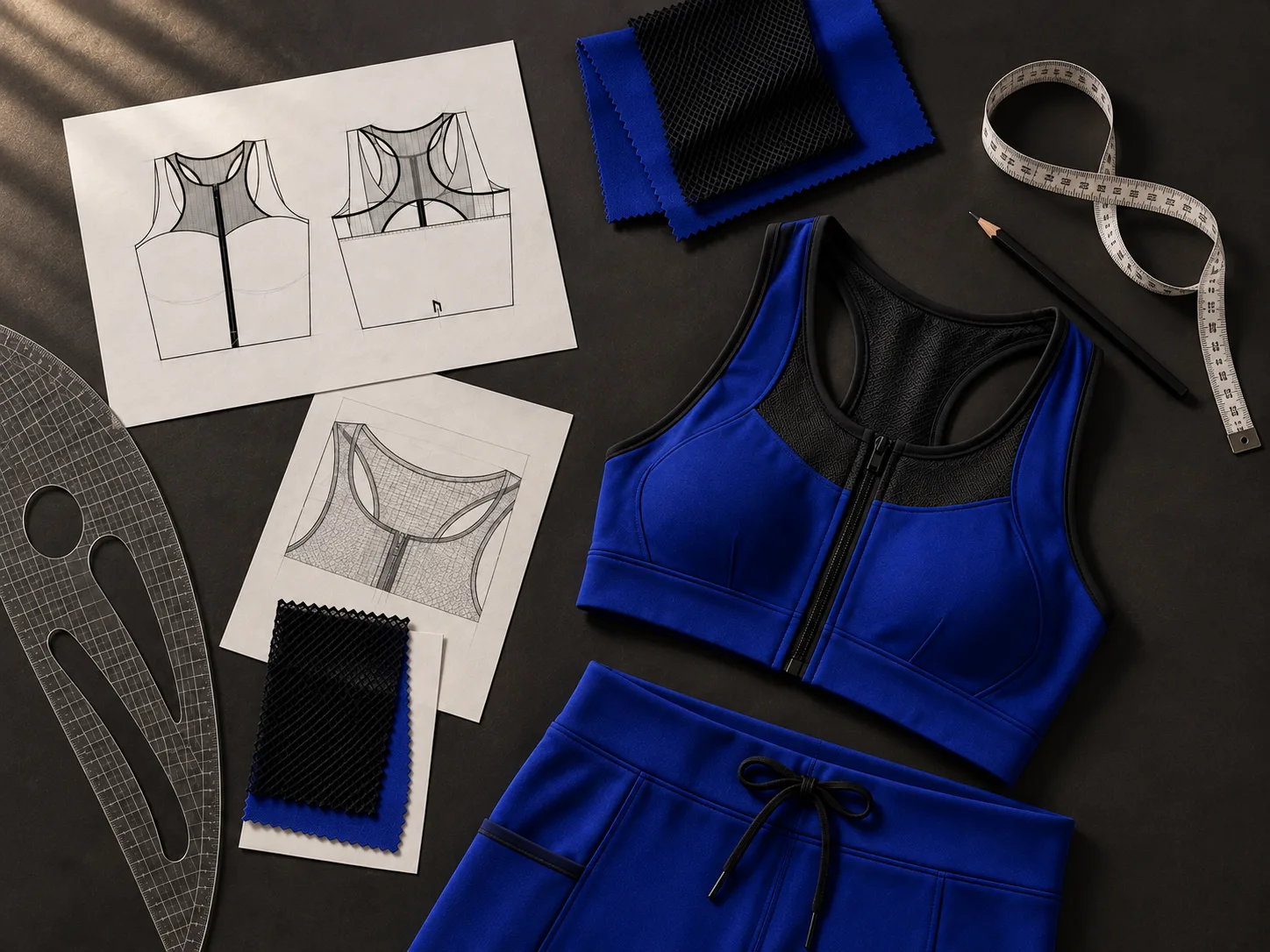 Landscape technical apparel design workspace with cobalt garments, fabric, pattern tools and sports bra sketches