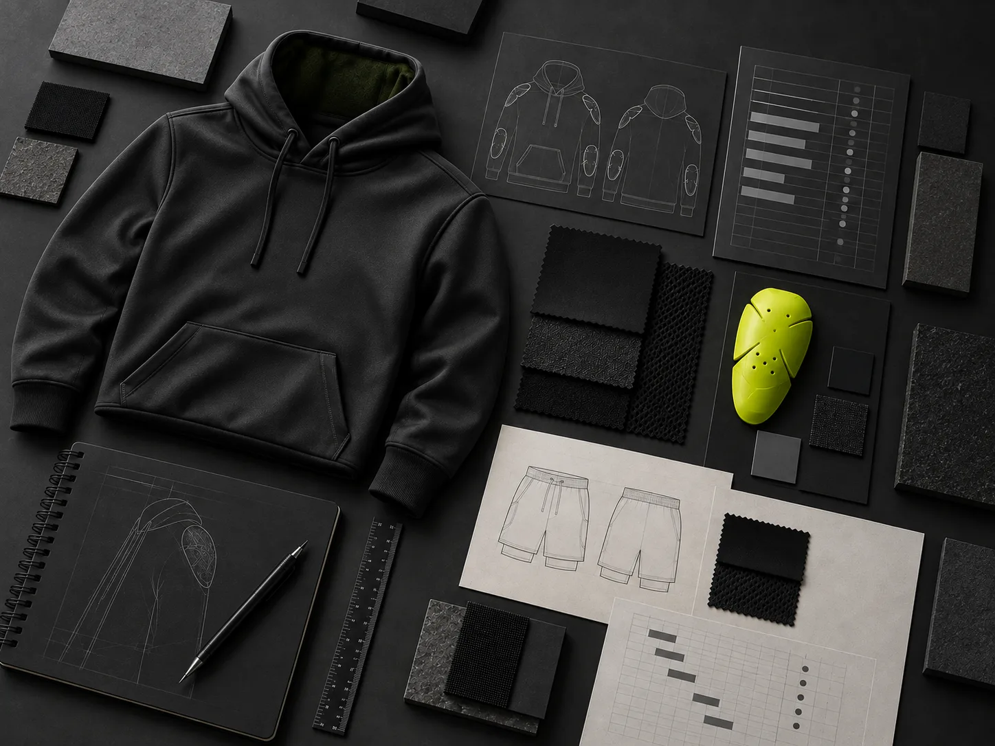 Landscape protective-apparel workspace with hoodie, armor, material swatches and planning documents