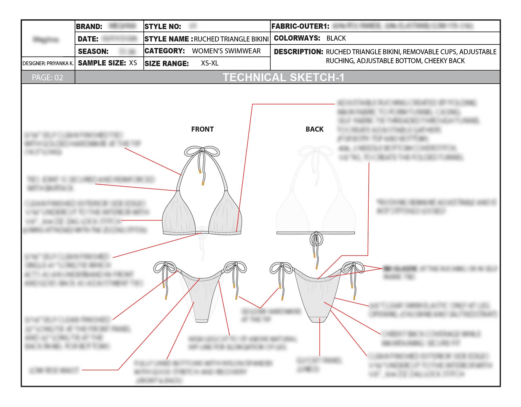 Technical sketch showing the bikini top and bottom construction