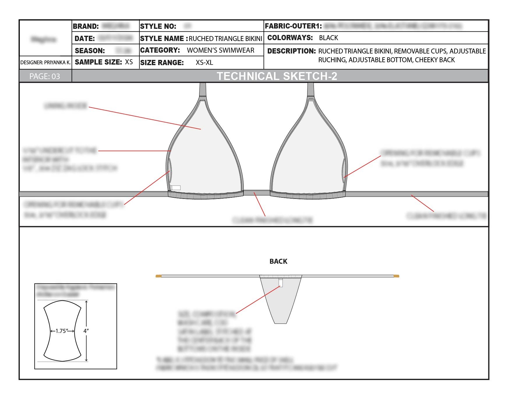 Technical detail sheet showing cup, strap and back-bottom construction