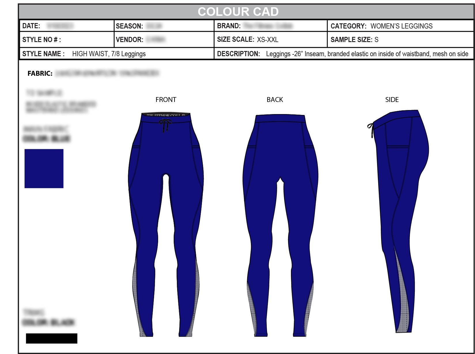 Colour CAD showing front, back and side views of the cobalt high-waist leggings