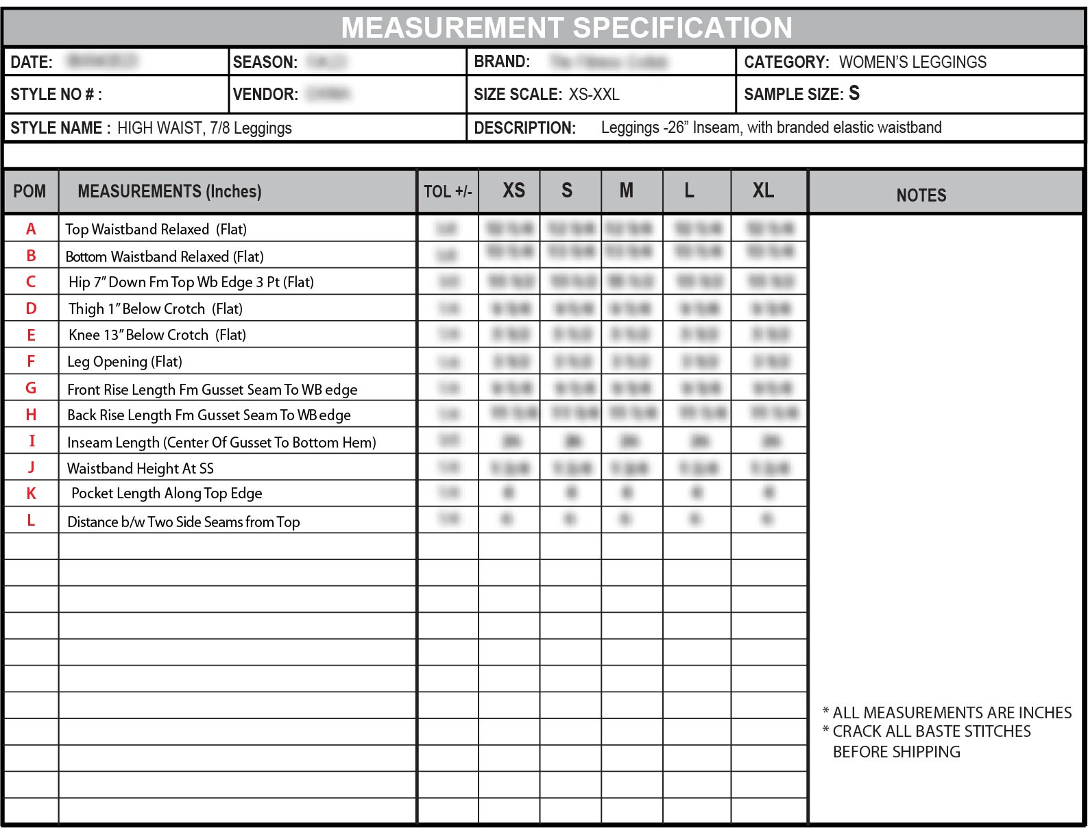 NDA-protected leggings measurement specification