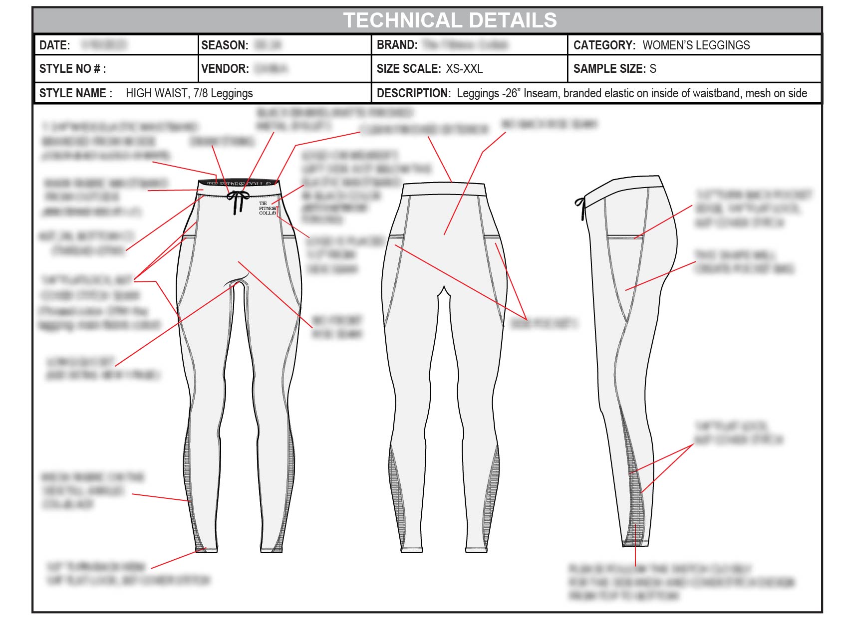 Technical sheet showing front, back and side construction details of the high-waist leggings