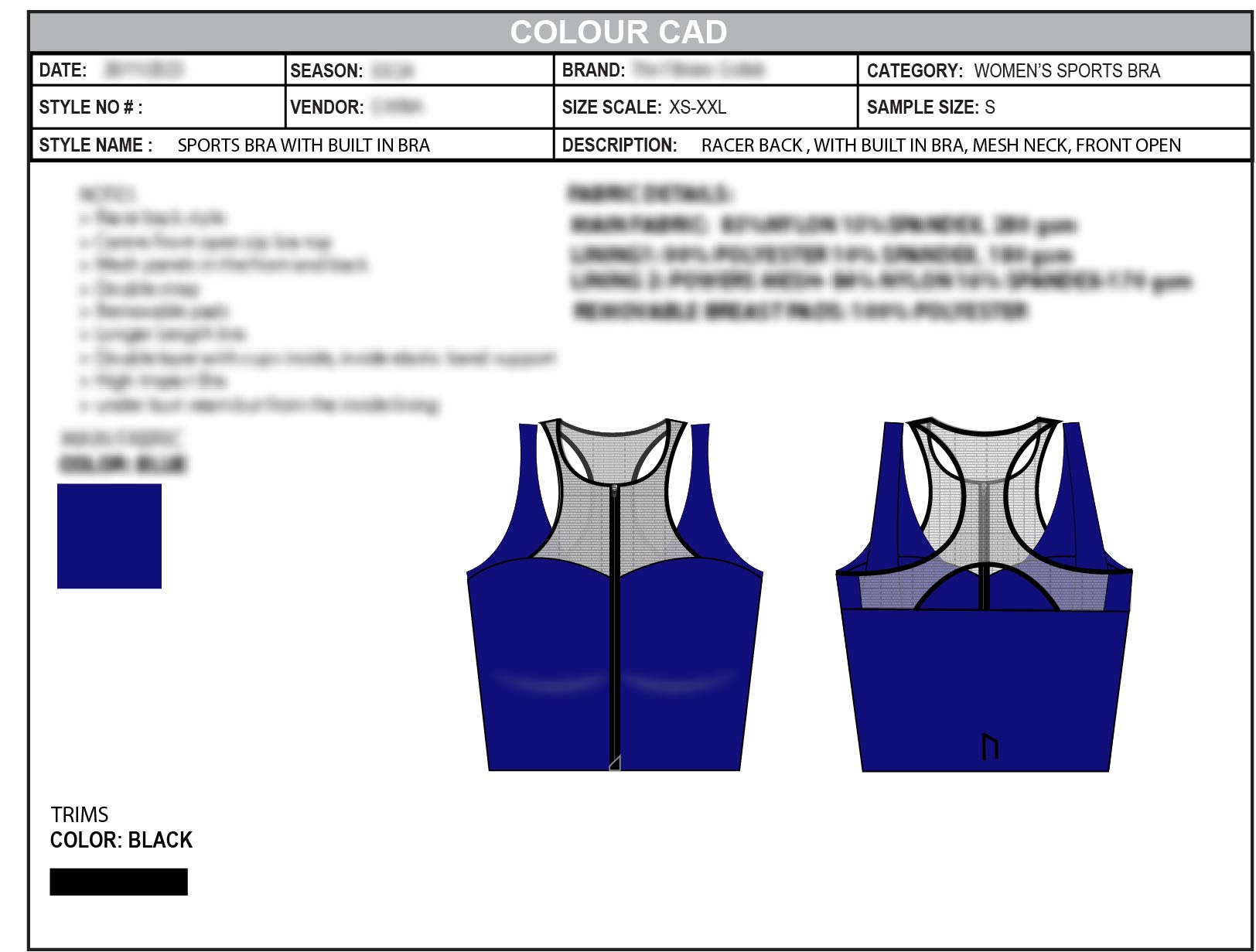 Colour CAD showing front and back views of the cobalt sports bra