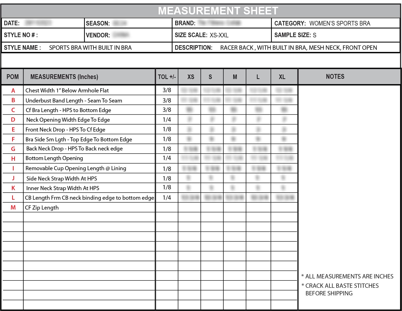 NDA-protected sports bra measurement specification