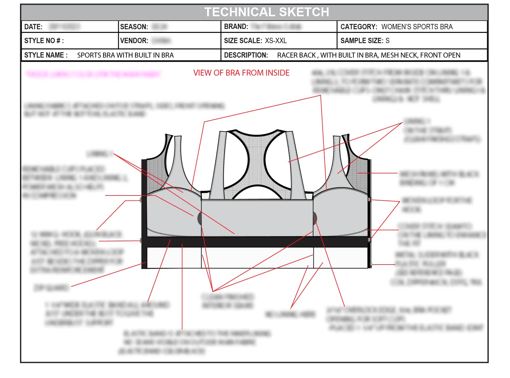 Technical sheet showing the sports bra from inside and its built-in layer