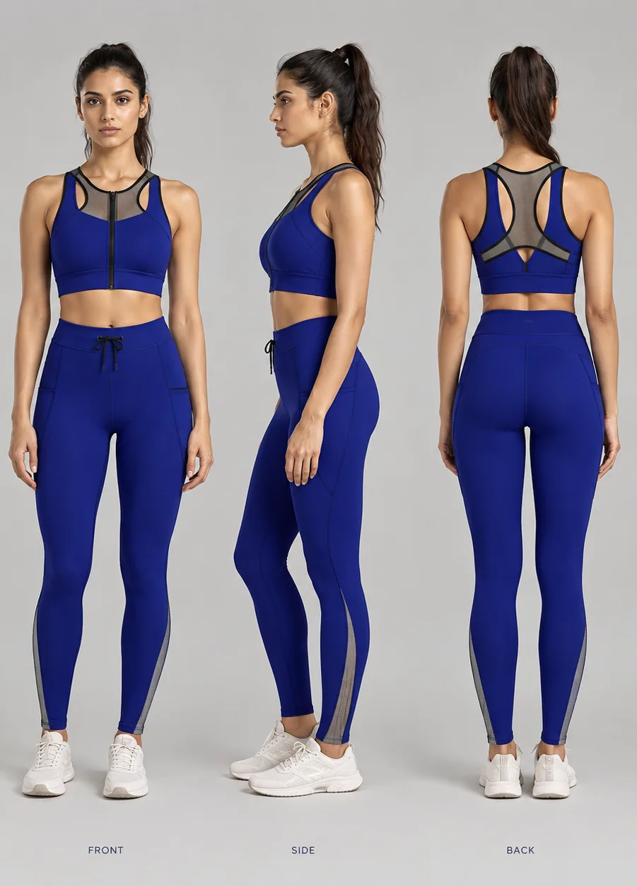 3D visualisation showing the coordinated cobalt sports bra and leggings from front, side and back