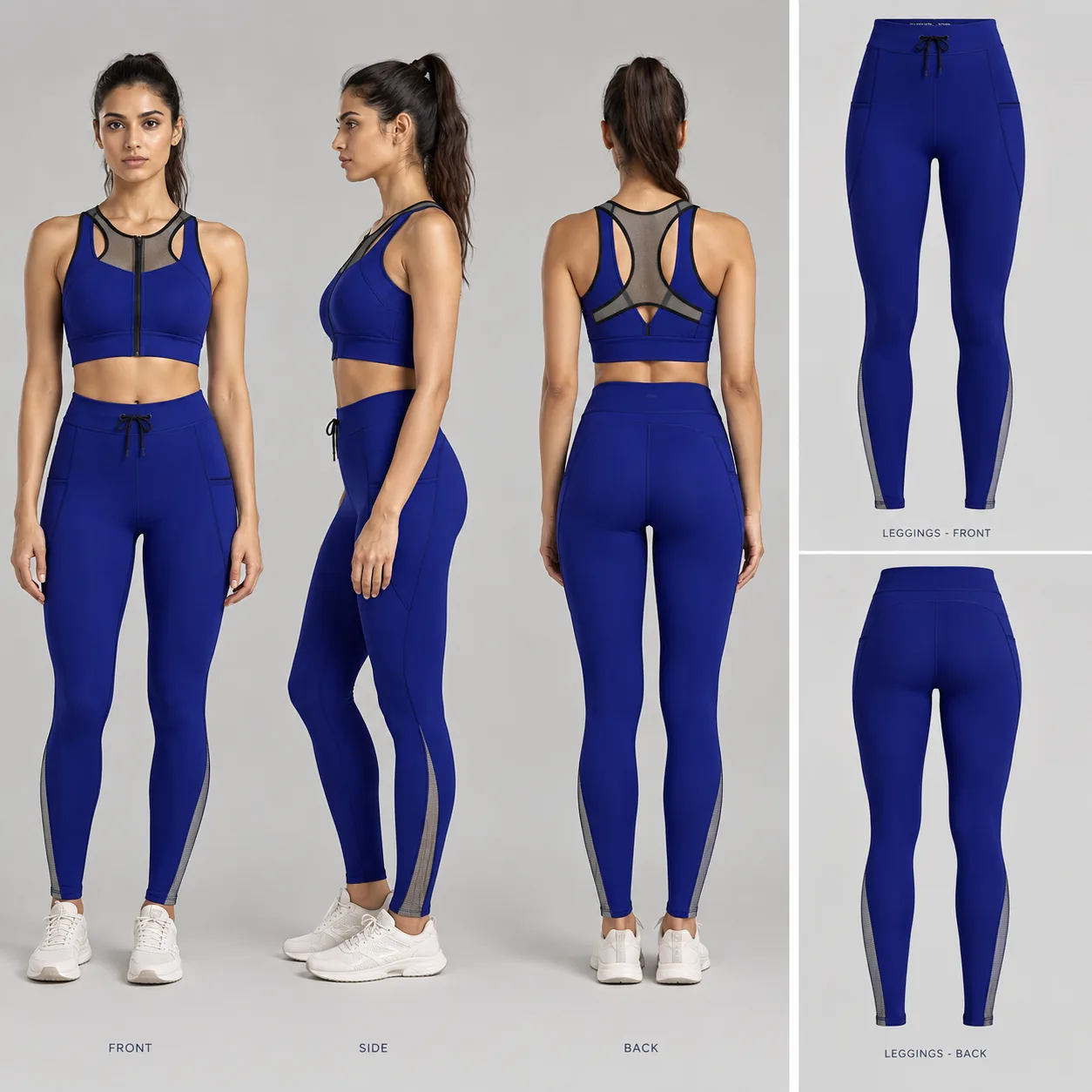Cobalt sports bra and leggings shown in coordinated model views